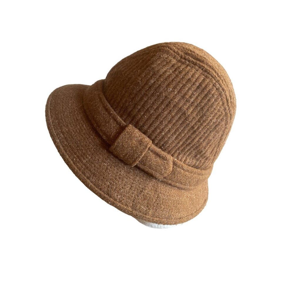 Vintage Wool Brown Cloche Hat With Bow Accent & Quilted Lining Size 7 1/8